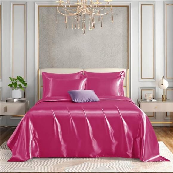 Horbaunal 6 Piece Satin Sheet Set King Size Luxury Silky & Soft Hot Pink Satin - Picture 10 of 16